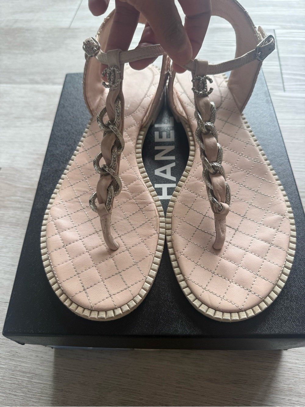 CHANEL Light Pink Quilted Calfskin Leather T-Strap Sandals with Chain Detail